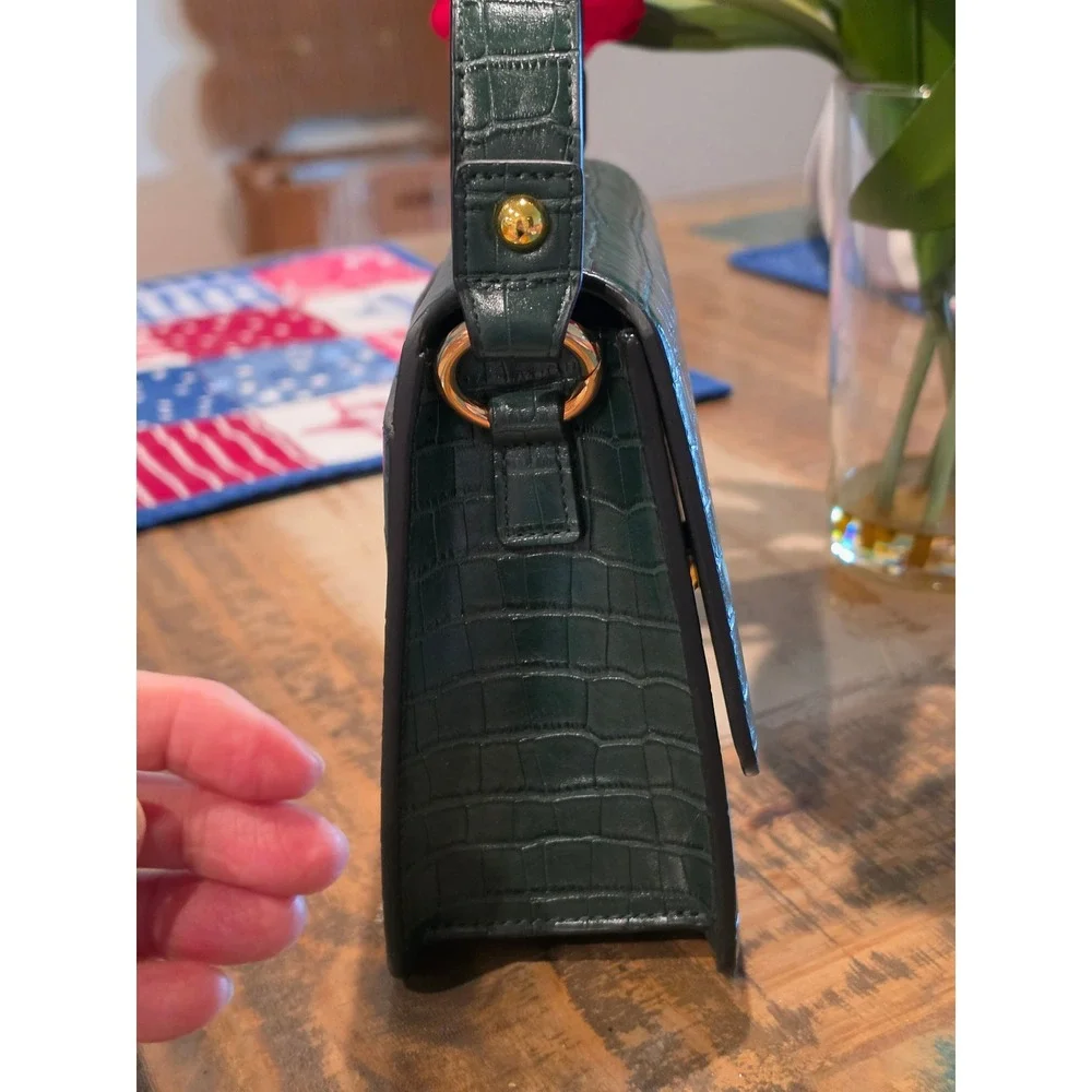 JW PEI Dark Green Croc Embossed‎ Vegan Leather Top Handle Flap Bag Gold Hardware